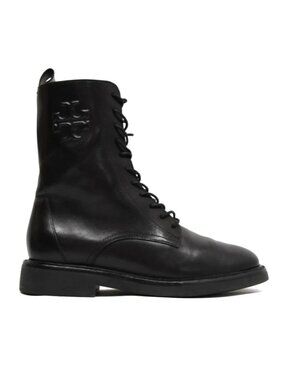 New! Tory Burch Double T Combat Boots Black Leather Size 8.5M DD509A 154336